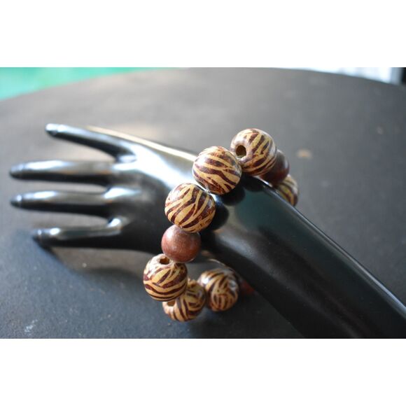 Artisan Hand-Painted Wood Bead Bracelet | Earthy Boho Chic (7") - Picture 2 of 8